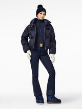 Goldbergh Queenie Womens Jacket ski jacket -- French Blue 8 colorway back view showing articulated powder skirt and fit