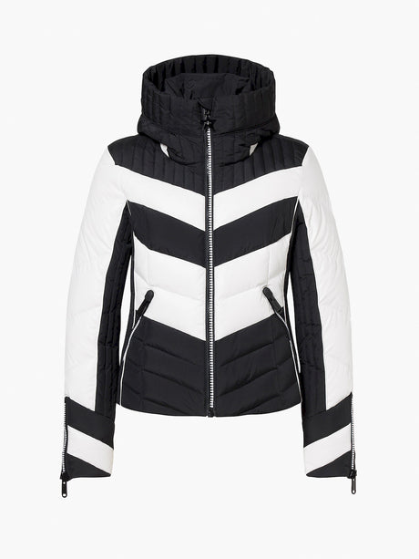 Goldbergh Valanga women's jacket in black and white chevron panels, front view with a black hood and a zip front. Come in to Willi's Ski and Board.