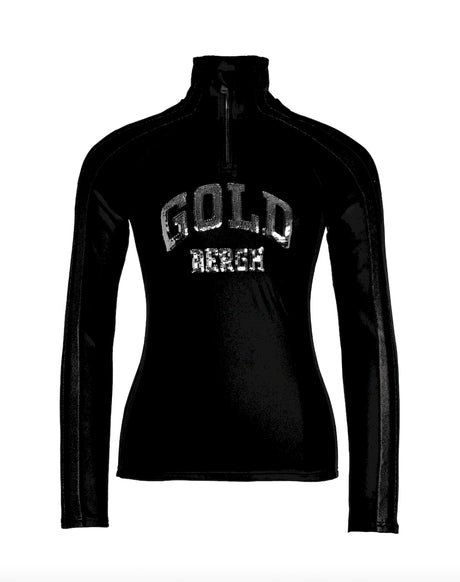 Goldbergh Goblet women's ski pully in black, front view of the half-zip top with silver sequin Goldbergh lettering on the chest.