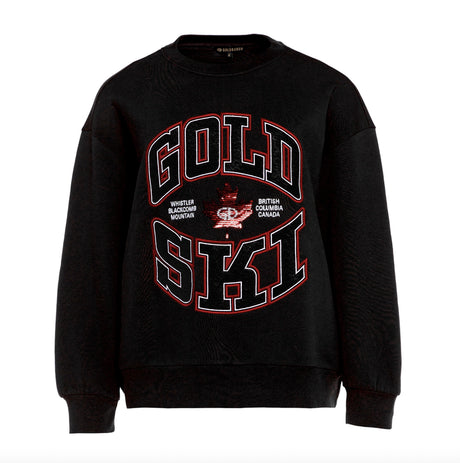 Goldbergh Rink women's crew neck sweatshirt in black, front view with a large red and white Gold Ski print on the chest.