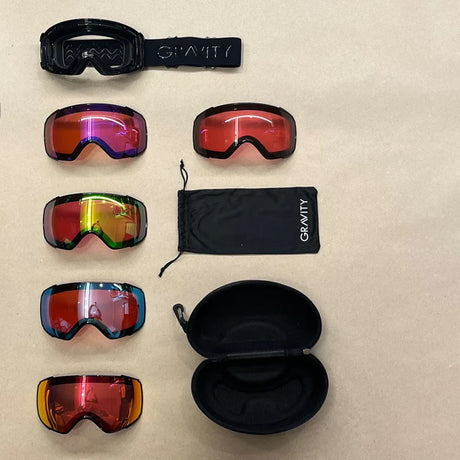 Gravity Goggles Defiance goggle -- front view in black frame with ice blue lens UV400 coating