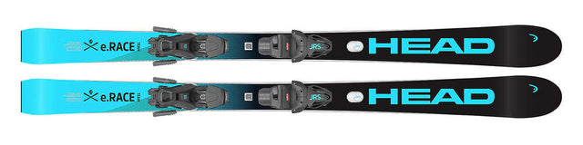 Head WC e.Race Team skis with JRS 4.5 bindings in black and cyan, top view of the pair lying flat with the Head name. Available at Willi's Ski Shop.