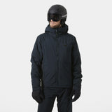 Helly Hansen Courchevel Mens Jacket 2026 ski jacket -- Navy colorway front view on model with hood and cuffs