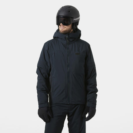 Helly Hansen Courchevel Mens Jacket 2026 ski jacket -- Navy colorway front view on model with hood and cuffs