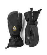 Hestra C-Zone Mountain 3-finger gloves in black with a gold Hestra label, a pair of long cuff gloves with a wrist strap.