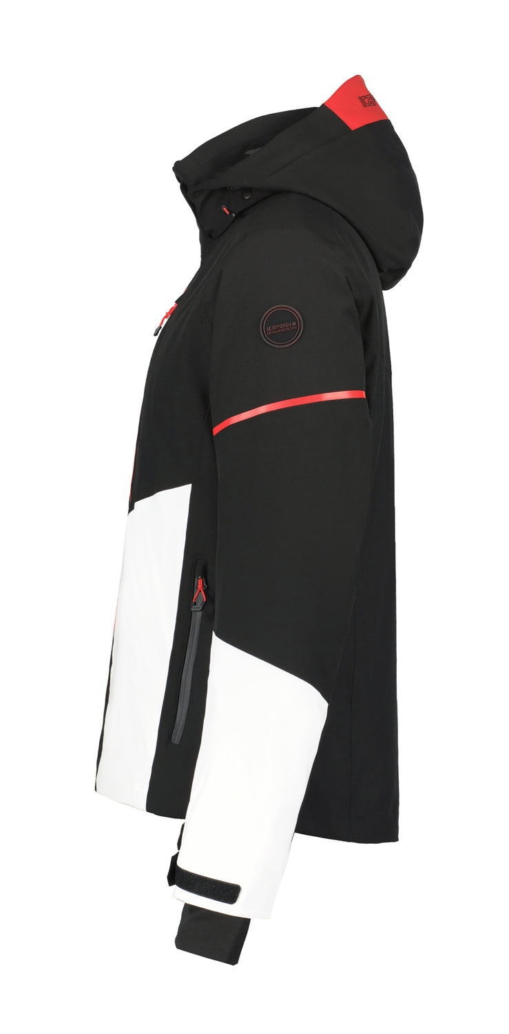 Icepeak Fircrest Mens Jacket ski jacket -- Black White 804 colorway front view on model with hood and cuffs