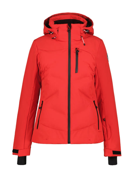 Icepeak Flovilla Womens Jacket ski jacket -- Red 640 colorway front view on model with hood and cuffs