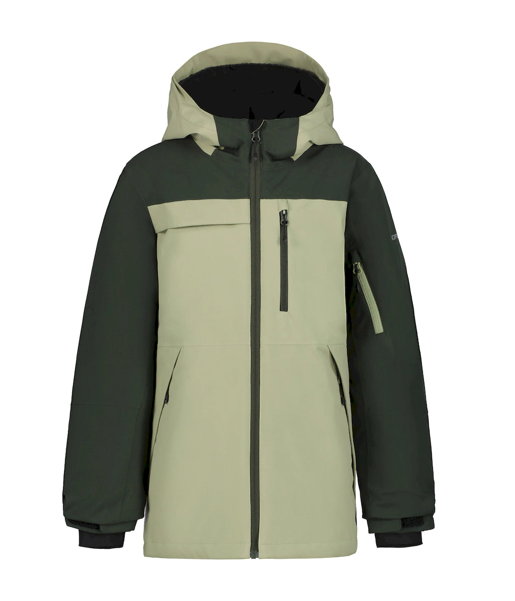 Icepeak Lamar junior jacket in dark green and sage, front view with the hood up and a chest zip pocket. Come in to Willi's Ski and Board.