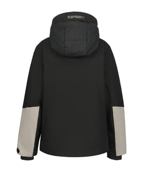 Icepeak Latta Junior Jacket 2026 ski jacket -- Basic Black colorway front view on model with hood and cuffs