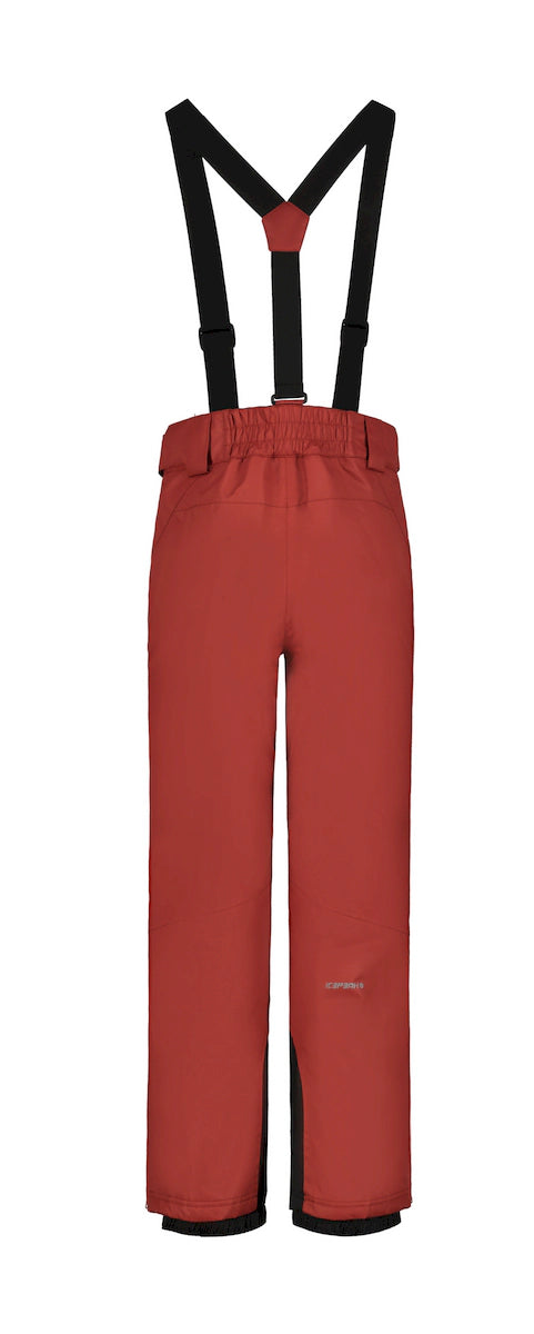 Icepeak Lenzen junior pant in brick red with black suspenders, front view of the kids' snow pants with black cuffs. Come in to Willi's Ski and Board.