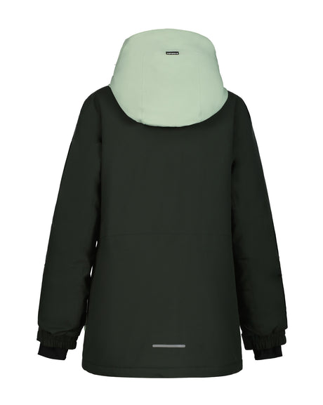 Icepeak Leoti Junior Jacket ski jacket -- Mint Green 500 colorway front view on model with hood and cuffs