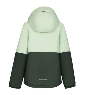 Icepeak Lindley Junior Jacket ski jacket -- Mint Green 500 colorway front view on model with hood and cuffs