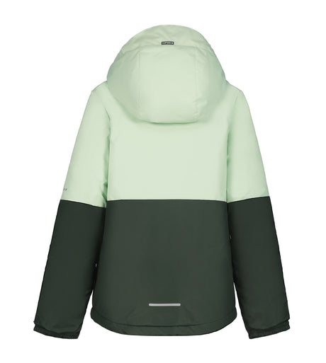 Icepeak Lindley Junior Jacket ski jacket -- Mint Green 500 colorway front view on model with hood and cuffs