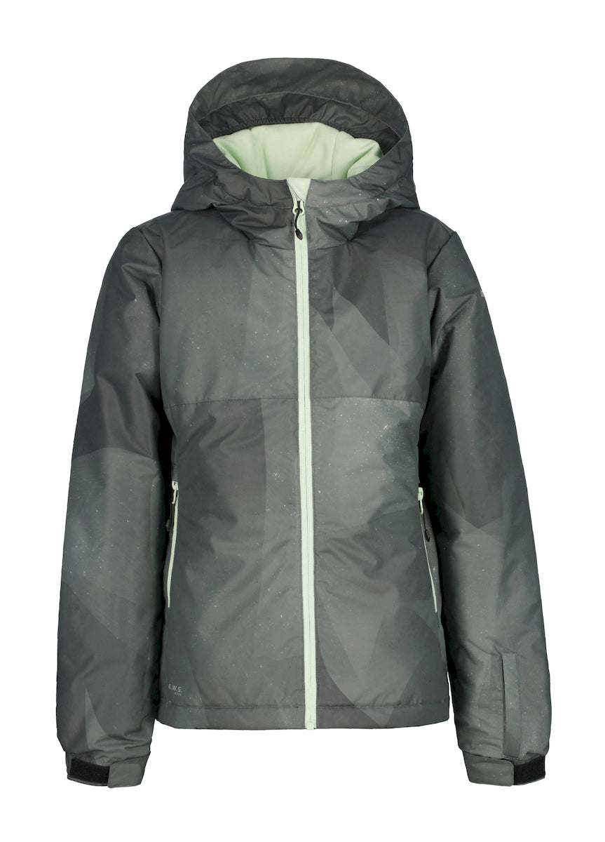Icepeak Luling junior jacket in a gray geometric print with a mint zipper, front view with the hood up. Come in to Willi's Ski and Board.
