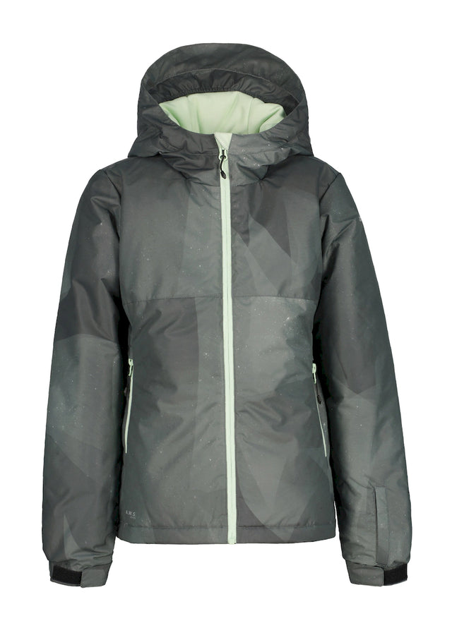 Icepeak Luling junior jacket in a gray geometric print with a mint zipper, front view with the hood up. Come in to Willi's Ski and Board.