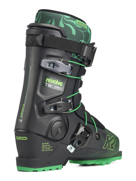K2 Revolve Tw Ski Boots 2026 alpine ski boot -- Black Green colorway outside profile view
