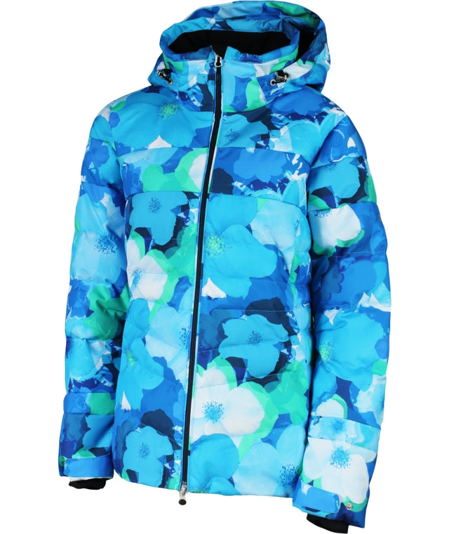 Karbon Crest Print Womens Jacket ski jacket -- front view on model showing insulated shell and hood at Willis Ski and Board