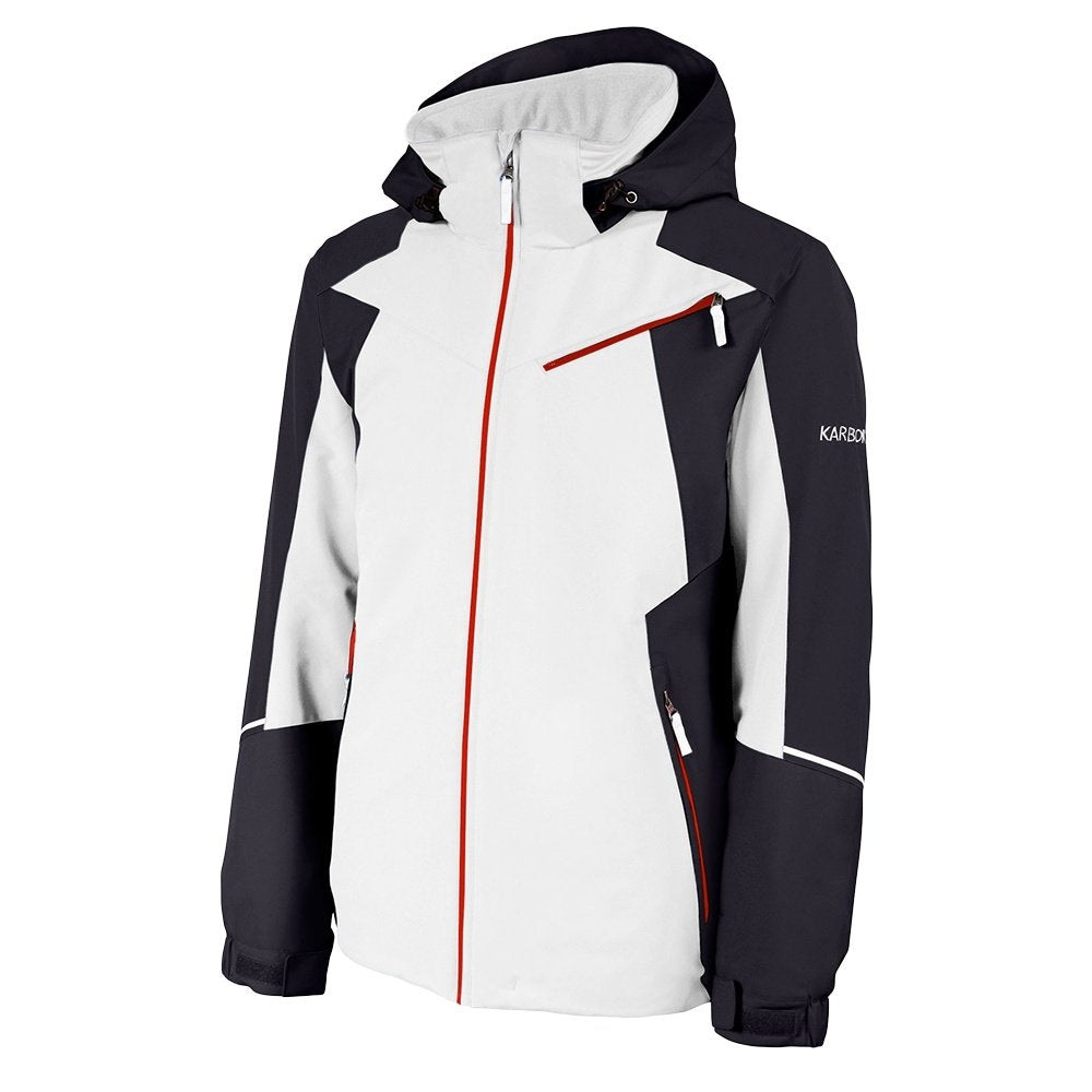 Karbon Particle Mens Jacket ski jacket -- Arctic White colorway front view on model with hood and cuffs