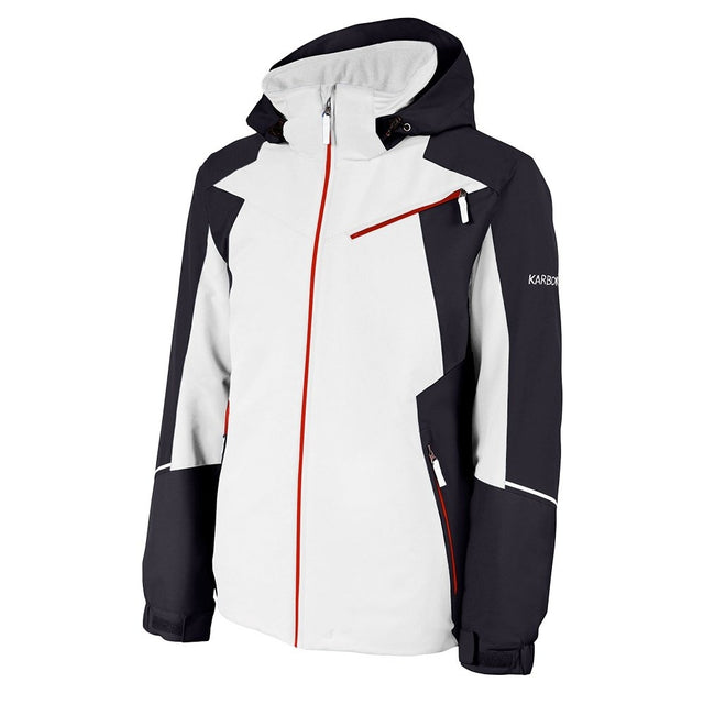 Karbon Particle Mens Jacket ski jacket -- Arctic White colorway front view on model with hood and cuffs