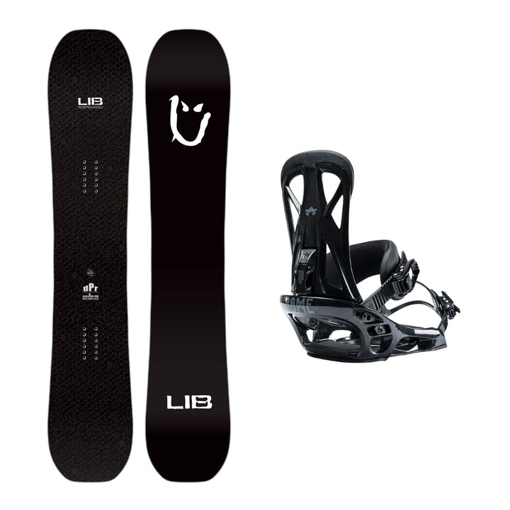 This is an image of LIB Tech dPr Snowboard 2026 with Rome United Bindings