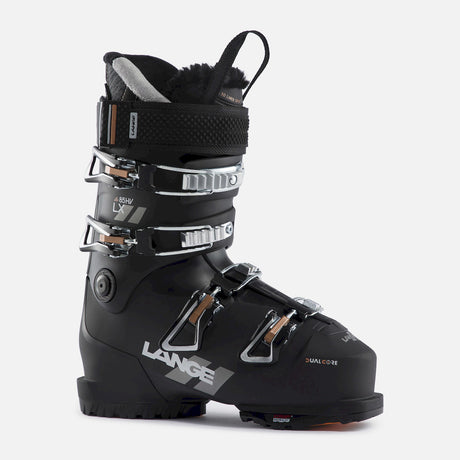 Lange LX 85 W HV GW women's ski boot in black with copper buckles and a fur-lined cuff, side view showing the Lange logo.