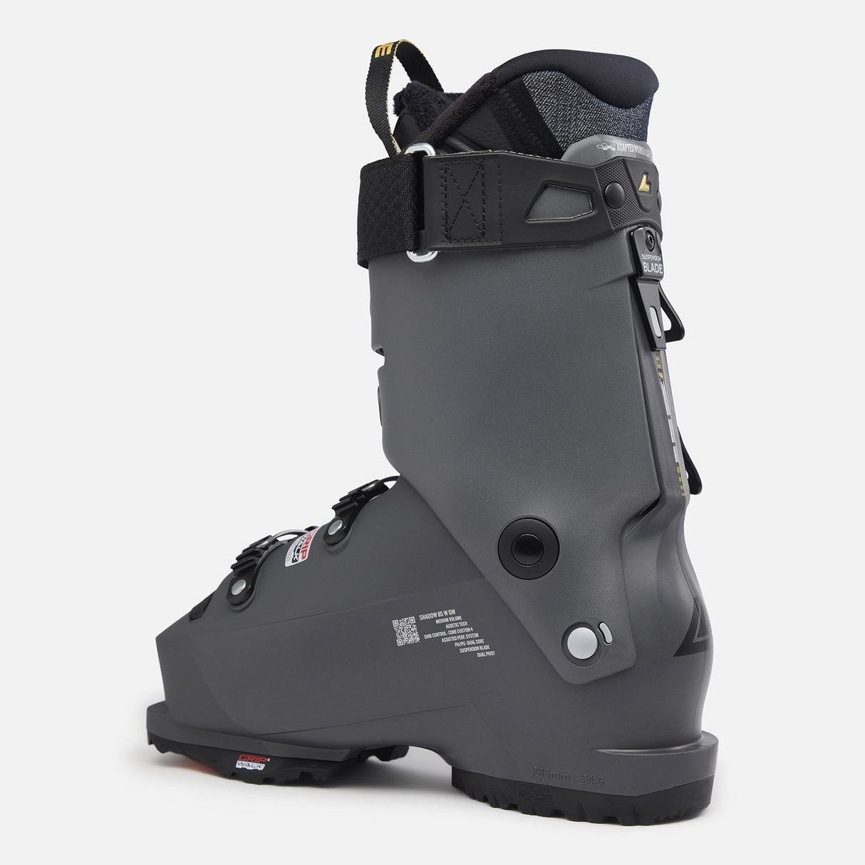 Lange Shadow 85 W Mv Gw Ski Boots 2026 alpine ski boot -- Black Pearl colorway top buckle and cuff detail