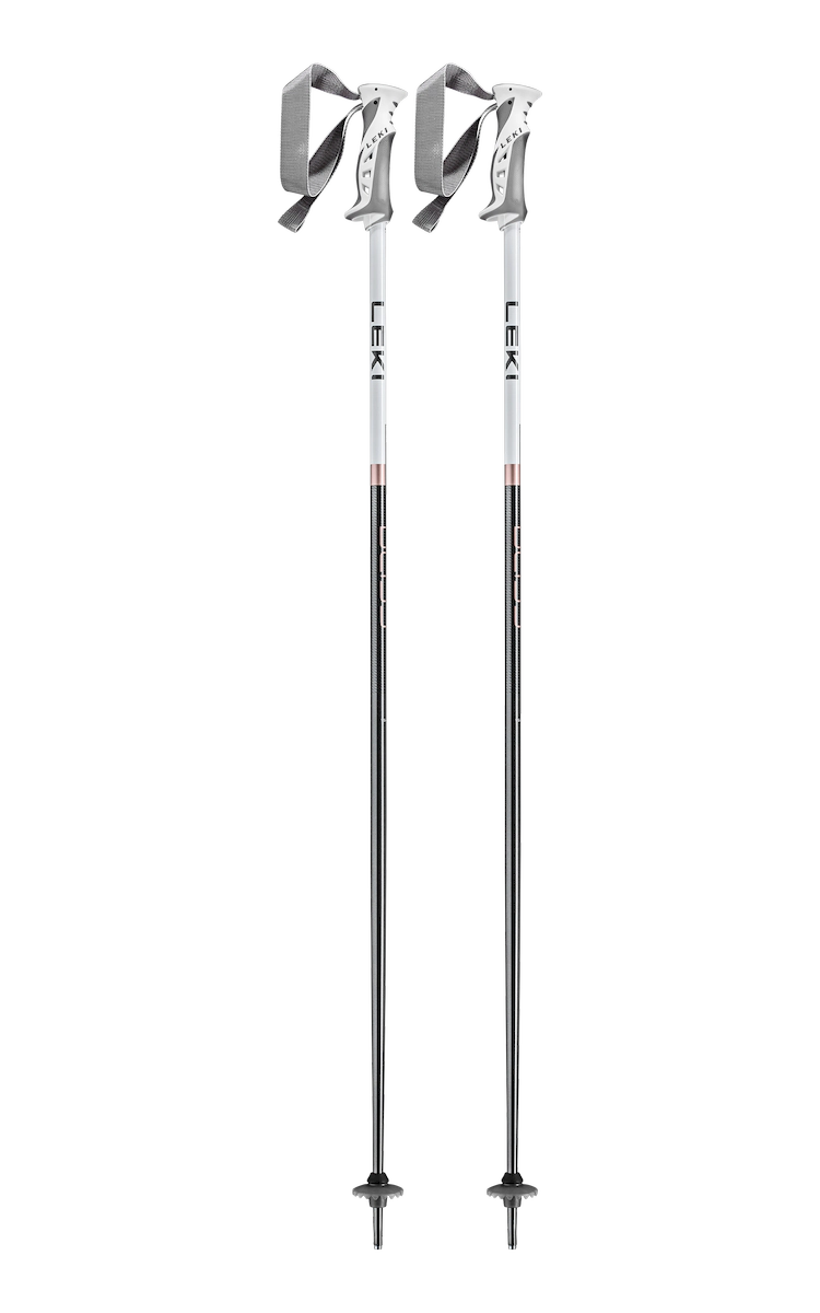 Leki Bliss ski poles in white and gray, a pair side by side with the Leki name down the shafts and straps at the top. Available at Willi's Ski Shop.