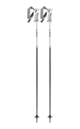 Leki Bliss ski poles in white and gray, a pair side by side with the Leki name down the shafts and straps at the top. Available at Willi's Ski Shop.