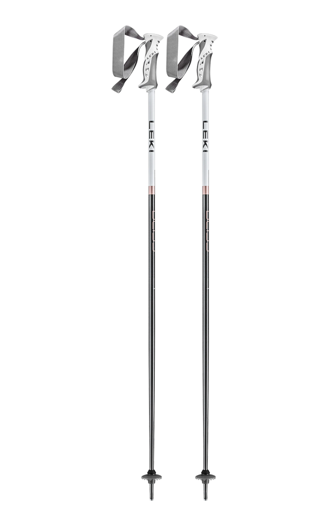 Leki Bliss ski poles in white and gray, a pair side by side with the Leki name down the shafts and straps at the top. Available at Willi's Ski Shop.
