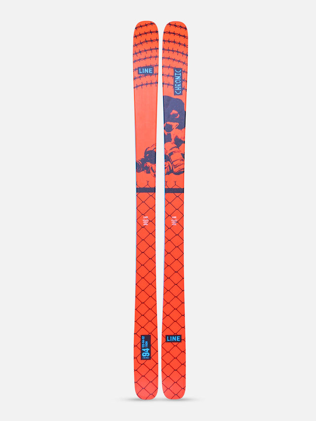 Line Chronic 94 skis in bright orange-red with a dark blue pattern, top view. Available at Willi's Ski Shop.