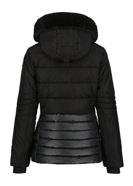 Luhta Halkis Womens Jacket ski jacket -- Black 990 colorway front view on model with hood and cuffs