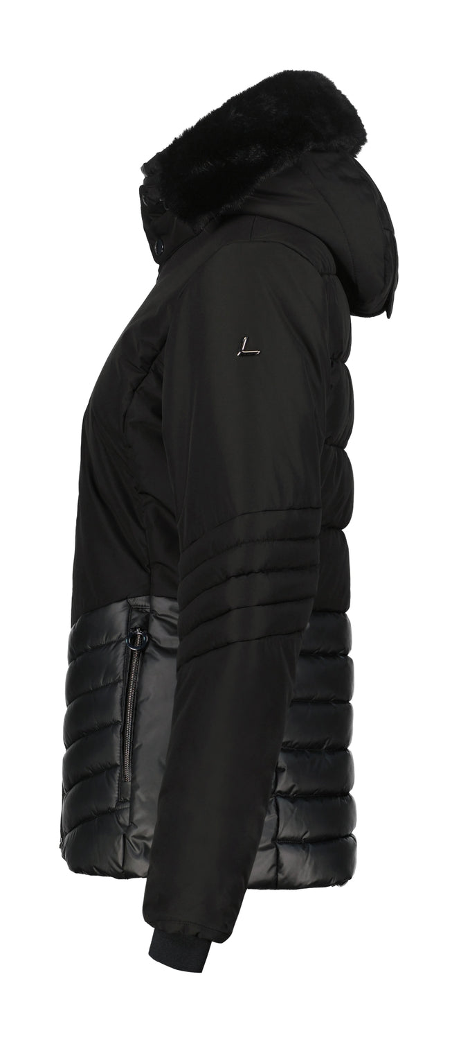 Luhta Halkis Womens Jacket ski jacket -- Black 990 colorway front view on model with hood and cuffs