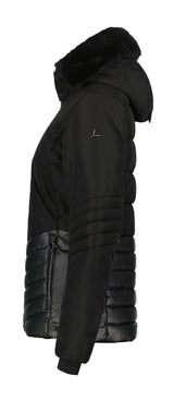 Luhta Halkis Womens Jacket ski jacket -- Black 990 colorway front view on model with hood and cuffs