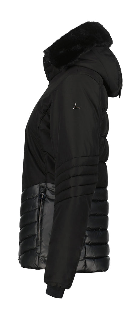 Luhta Halkis Womens Jacket ski jacket -- Black 990 colorway front view on model with hood and cuffs
