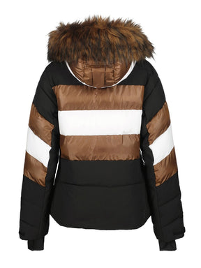 Luhta Kaarto Womens Jacket ski jacket -- Black 990 colorway front view on model with hood and cuffs