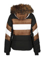 Luhta Kaarto Womens Jacket ski jacket -- Black 990 colorway front view on model with hood and cuffs
