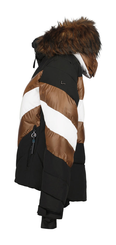 Luhta Kaarto Womens Jacket ski jacket -- Black 990 colorway front view on model with hood and cuffs