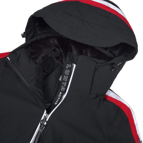Luhta Lietorova Womens Jacket ski jacket -- Black 990 colorway front view on model with hood and cuffs