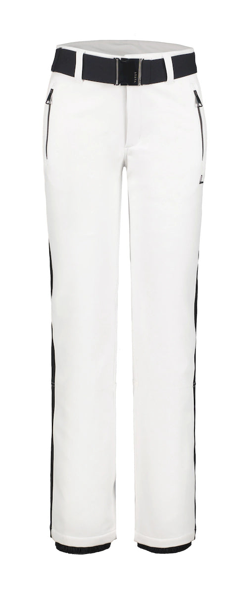 Luhta Reututunturi women's pant in cream with black side stripes and a black belt, front view of the slim stretch ski pants.