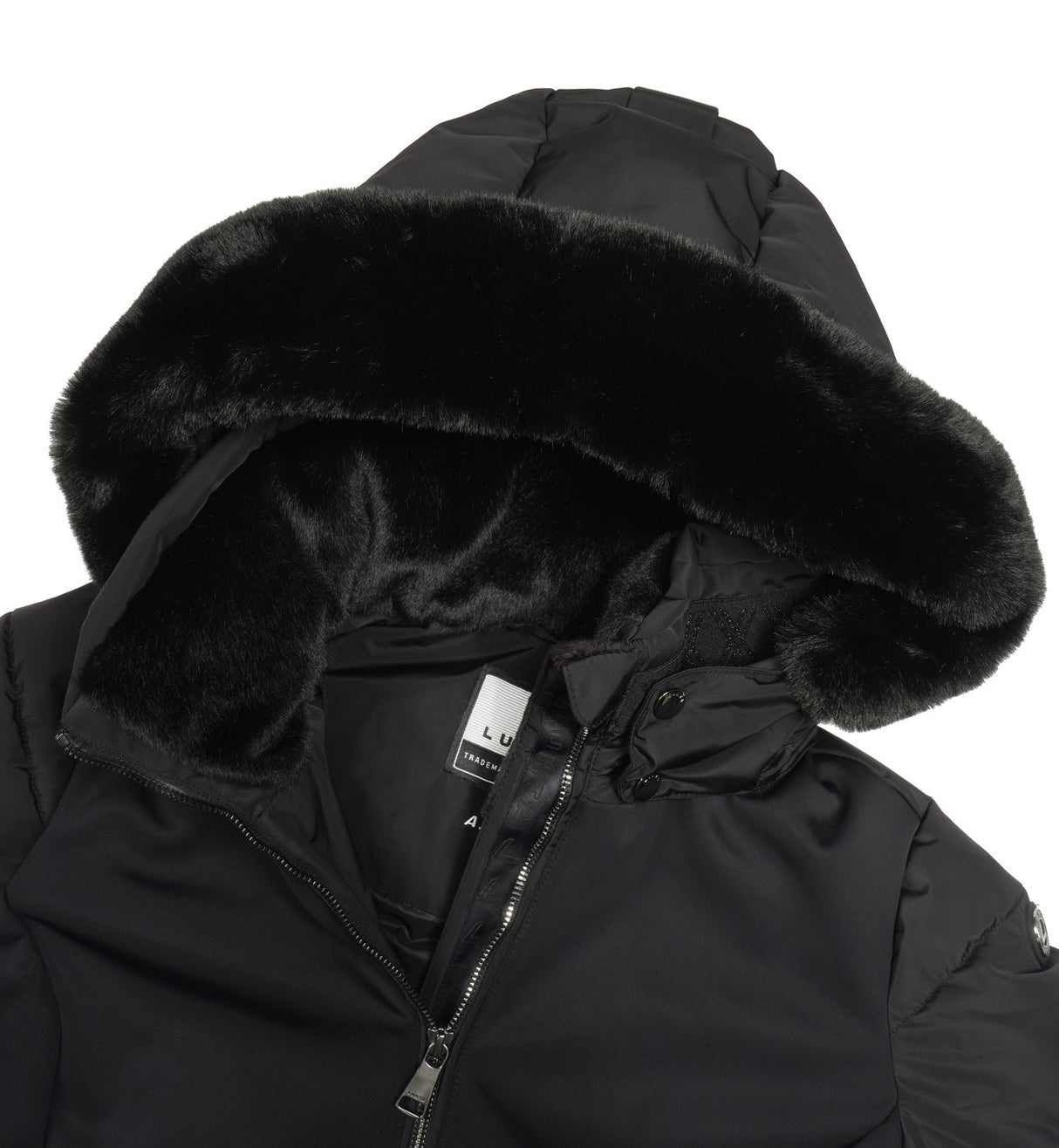 Luhta Salmivaara Womens Jacket 2026 ski jacket -- Basic Black colorway front view on model with hood and cuffs