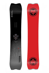 Never Summer V-Twin snowboard, top and base view with a black top fading to gray and a bright red base with the eagle logo.