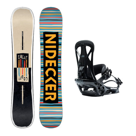 Nidecker Cheat Code Snowboard 2026 alpine binding -- With Rome United Bindings colorway top view showing toe and heel piece