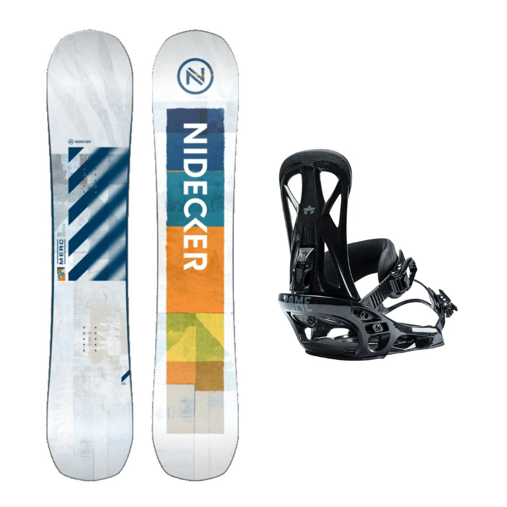 Nidecker Merc Snowboard 2026 alpine binding -- With Rome United Bindings colorway top view showing toe and heel piece