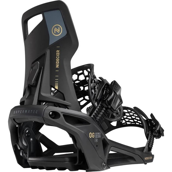 Nidecker Og Supermatic Snowboard Bindings 2026 snowboard binding -- Black Med colorway top view showing highback and straps