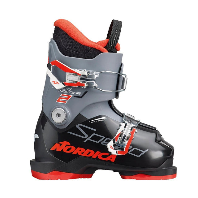 Nordica Speedmachine J2 junior ski boot in black, gray and red, side view showing two buckles and the Nordica name on the shell.