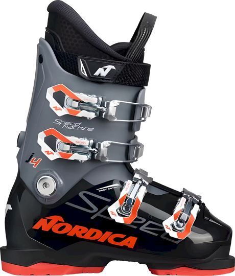 Nordica Speedmachine J4 junior ski boot in black and gray with orange buckles, side view showing the large Nordica name on the shell.