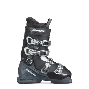 Nordica Sportmachine 3 65 W ski boot in black and gray, side view showing the three silver buckles and the Nordica name on the cuff.
