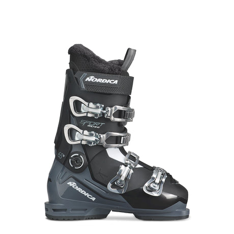 Nordica Sportmachine 3 65 W ski boot in black and gray, side view showing the three silver buckles and the Nordica name on the cuff.