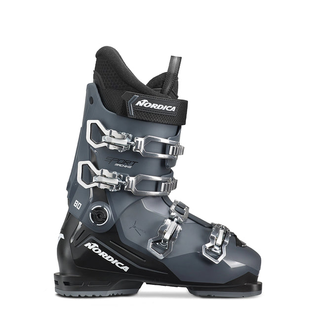 Nordica Sportmachine 3 80 ski boot in blue-gray and black, side view showing the buckles and the Nordica name on the lower shell.