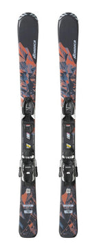 Nordica Team AM junior skis in black with orange and blue graphics, top view of the pair with bindings, in the 70-90 cm lengths.